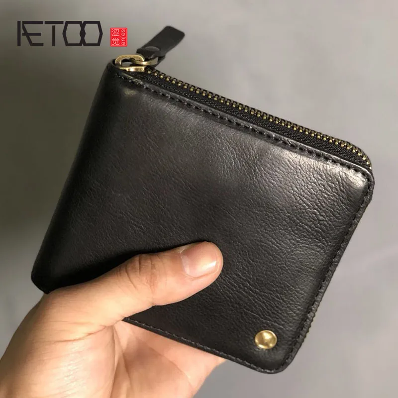 Кожаный мужской маленький кошелек AETOO кожаный короткий Мужской ретро на
