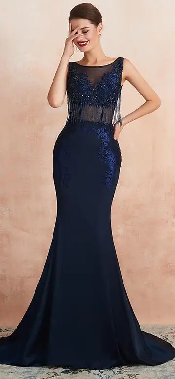 Vestido Longo Festa Выпускные платья длинное темно-синее Иллюзия корсета сексуальный халат De Soiree с кистями из бусин женский праздничный официальный вечерний наряд - Цвет: Picture Navy Blue