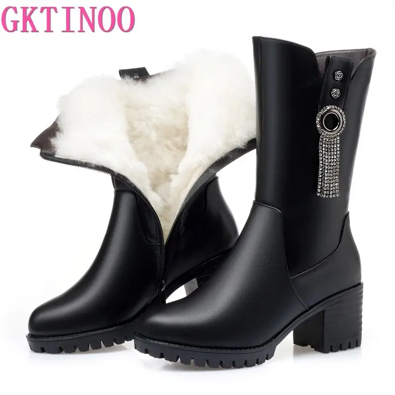 GKTINOO Genuine Leather Women Long Boots High Heels Fashion Platform Tassel Boots Female Natural Wool Winter Boots Women Shoes