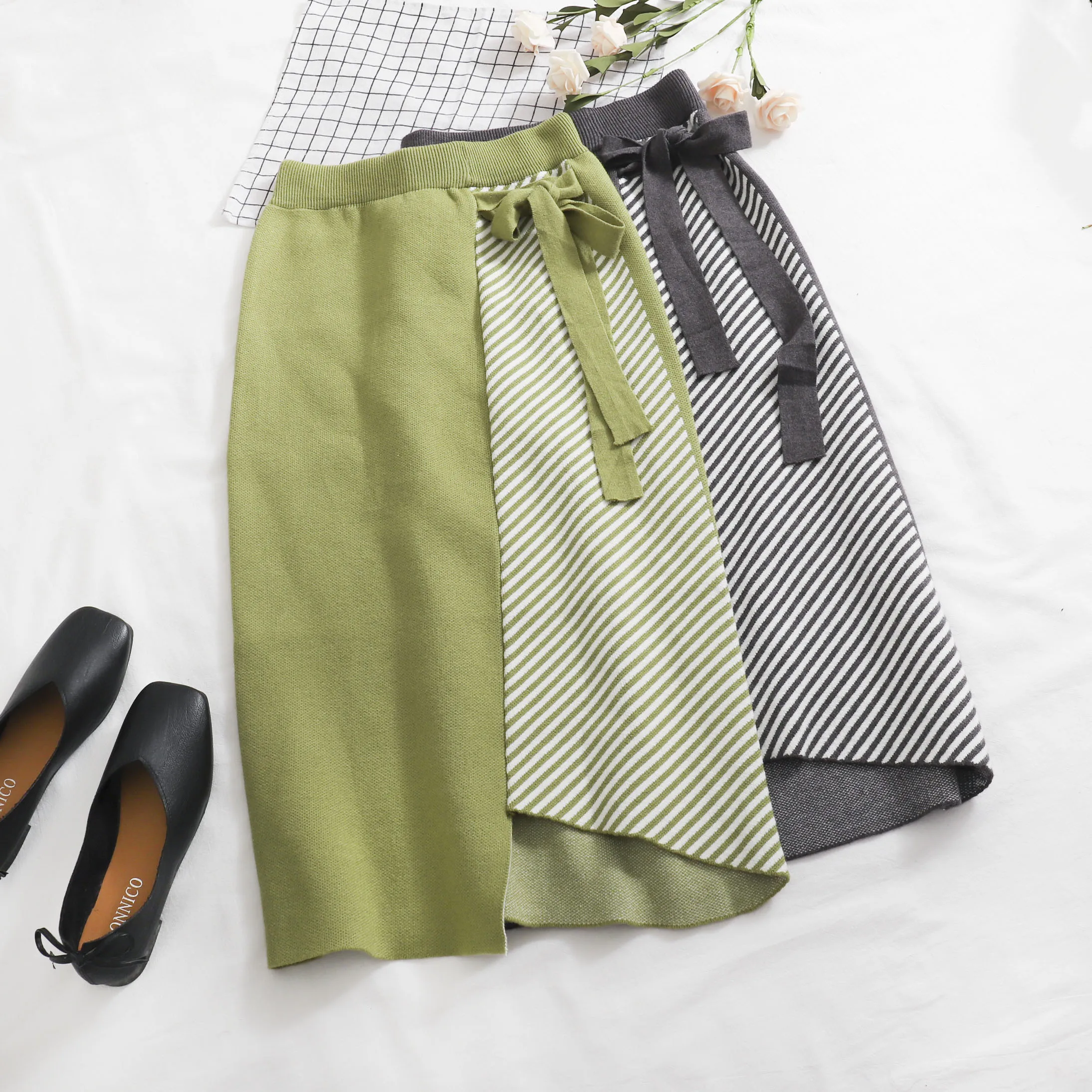 

Striped Knitting Midi Skirt Women High Waist Drawstring Bow Irregular Elegant Saias Female Black Gay Green Bottoms