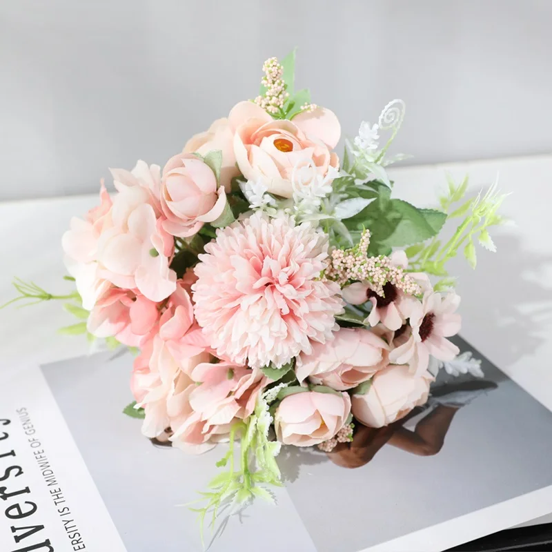 Yumai 7 голов цветы гортензии искусственный букет Шелк Цветущий Искусственный Пион свадебный ручной цветок розы Свадебный декор - Цвет: Pink daisy