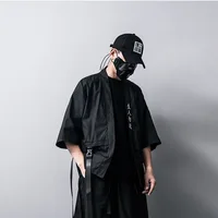 Buy Explore the Latest 2023 Men's Autumn Fashion with Harajuku's Open Stitch Kimono Jackets – Perfect for Hip Hop Enthusiasts. Discover Thin Coats with Ribbon Accents in Streetwear Styles, Ideal for Those Looking for a Stylish and Comfortable Men's Loose Jacket Online - Image 2