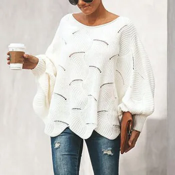

Womens Fashion New Spring Autumn Sweater O-neck Batwing Long-sleeve Knit Pullover Woman Loose Hollow Sexy Tops Female Clothing