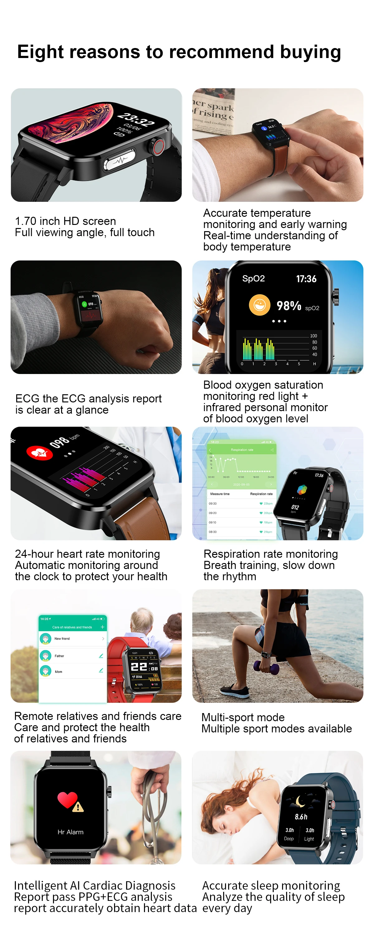 2022  ECG+PPG IP68 Waterproof Temperature Blood pressure Heart rate AI medical diagnosis Full Touch Fitness Tracker Smart watch