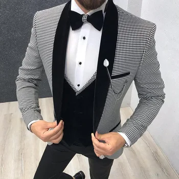 

3 Piece Houndstooth Men Suit Slim Fit for Dinner Party Prom Tailor made Suit Groom Wedding Tuxedo Best Man Jacket Pants Vest