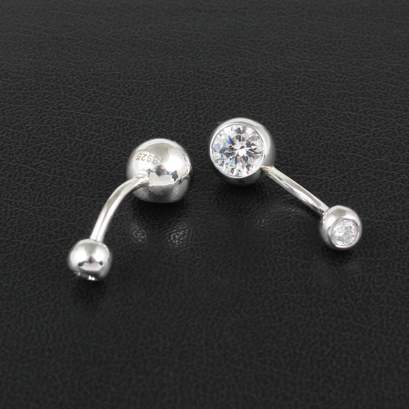 Real 925 sterling silver belly button ring clear double zircon stones body jewelry ball navel bar piercing jewelry free shipping