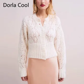 

2020 Spring Women's Crocheted Cardigans Sexy Hollow Out Knitted Slim Coats Female Designer O-neck Sweaters Chic Jumper Clothing