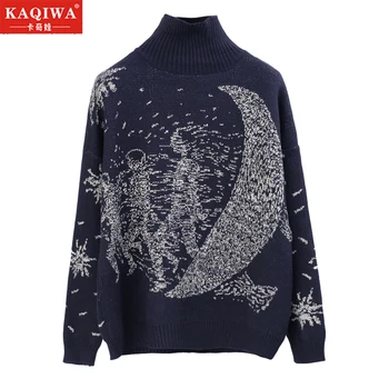 

Fall and Winter 2019 New Korean UFO Image Knitted Loose and Thicker Medium and High-collar Small Fresh Woman Sweaters