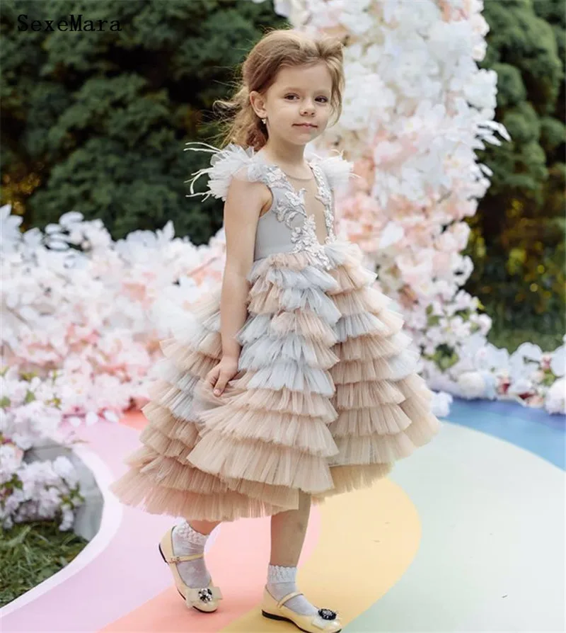 

Cute Puffy Flower Girl Dresses Weddings Tulle Appliqued Lace Kids Tea Length Girls Clothes Birthday Pageant Gowns