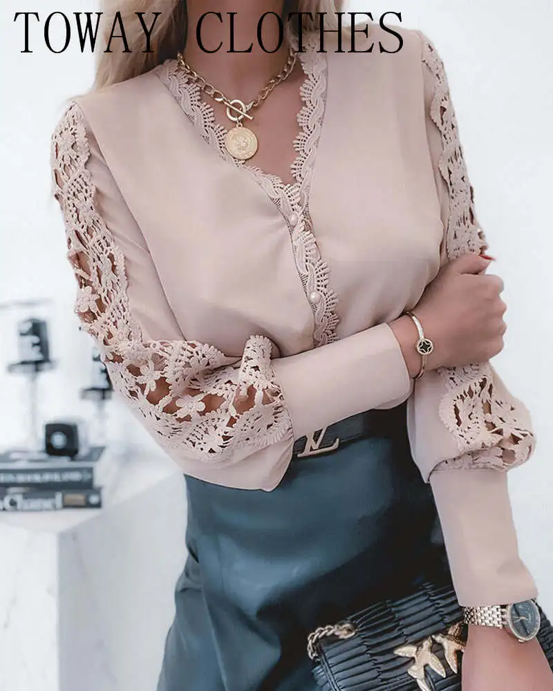 

Women Solid Color Guipure Lace Patch Long Sleeve Button Front Top