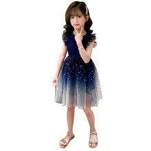 

Girls Dresses Sequin Flying Sleeve Children Summer Performance Clothes Kids Starry Sky Mesh Dress Princess For Teens 7-12y