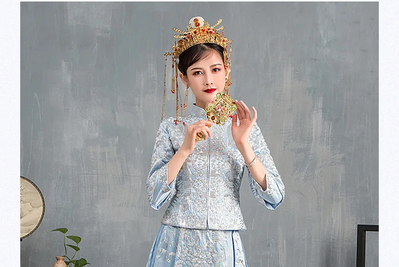 Exquisite Embroidery Qipao Blue Men Chinese Marriage Cheongsam Tang Suit  Gown