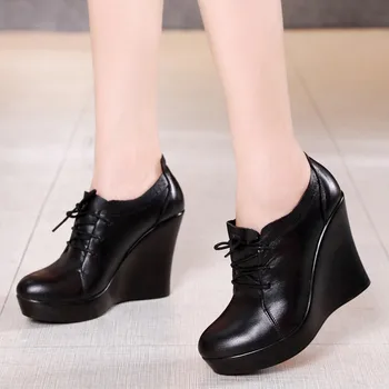 

Spring and autumn new first layer leather deep mouth ultra high slope with comfortable catwalk T bench leather shoes women's sho