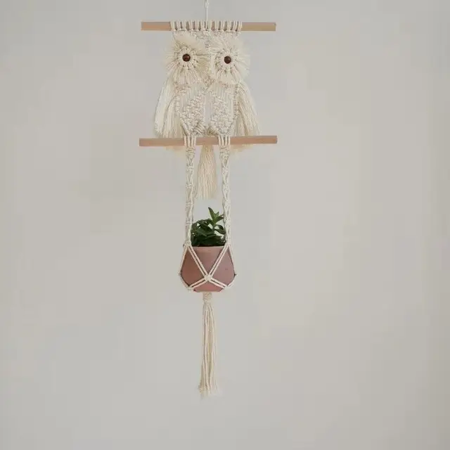 Children's Room Woven Flower Pot Hanging Basket Handmade Hemp Rope Owl Flower Pot Hanging Basket Bonsai Storage Decoration 1