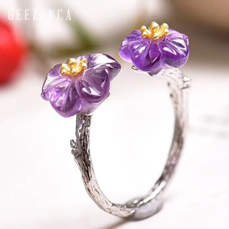 

925 Sterling Silver Natural Amethyst Plum Flower Open Ring Colour Gemstone Handmade Craft Trendy Ring Women Fine Jewelry Party