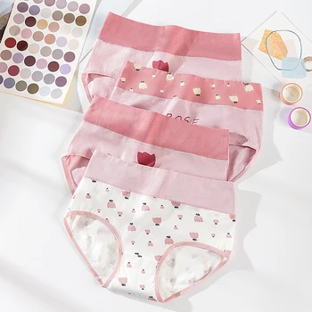 

4Pieces Panties Women Cotton High Waist Slimming Underwear Lovely Print Seamless Briefs Sexy Breathable Girls Underpants