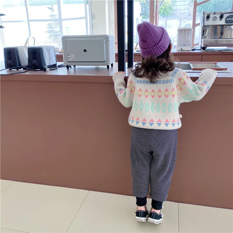 Новые зимние детские штаны в Корейском стиле с добавлением шерсти плотные теплые длинные штаны в полоску для маленьких девочек