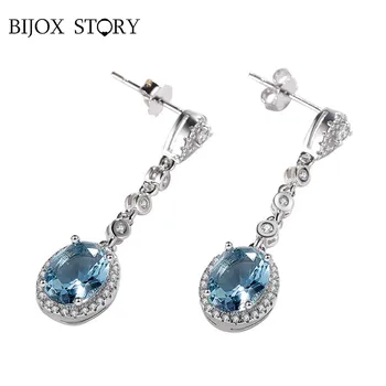

BIJOX STORY 925 sterling silver earrings with oval shape sapphire korean style drop earring for women wedding party banquet gift