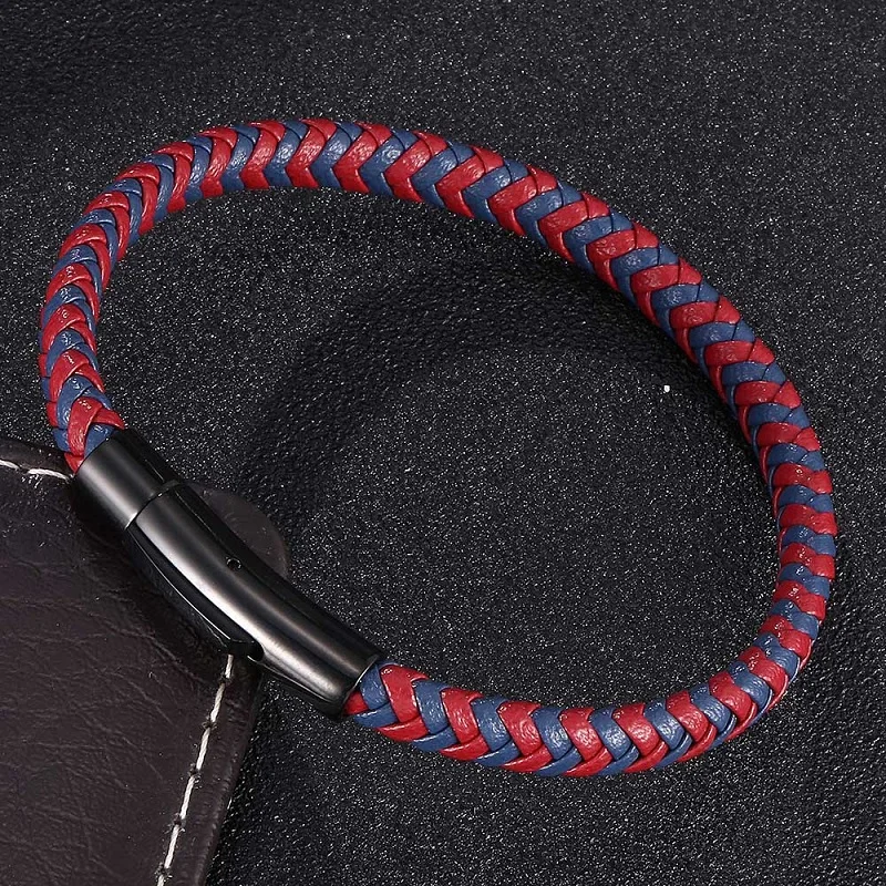 

Unisex Fashion Jewelry Red Blue Leather Mix Braided Bracelets Stainless Steel Snaps Weave Bracelet Male Wrist Band 2019 ST0455