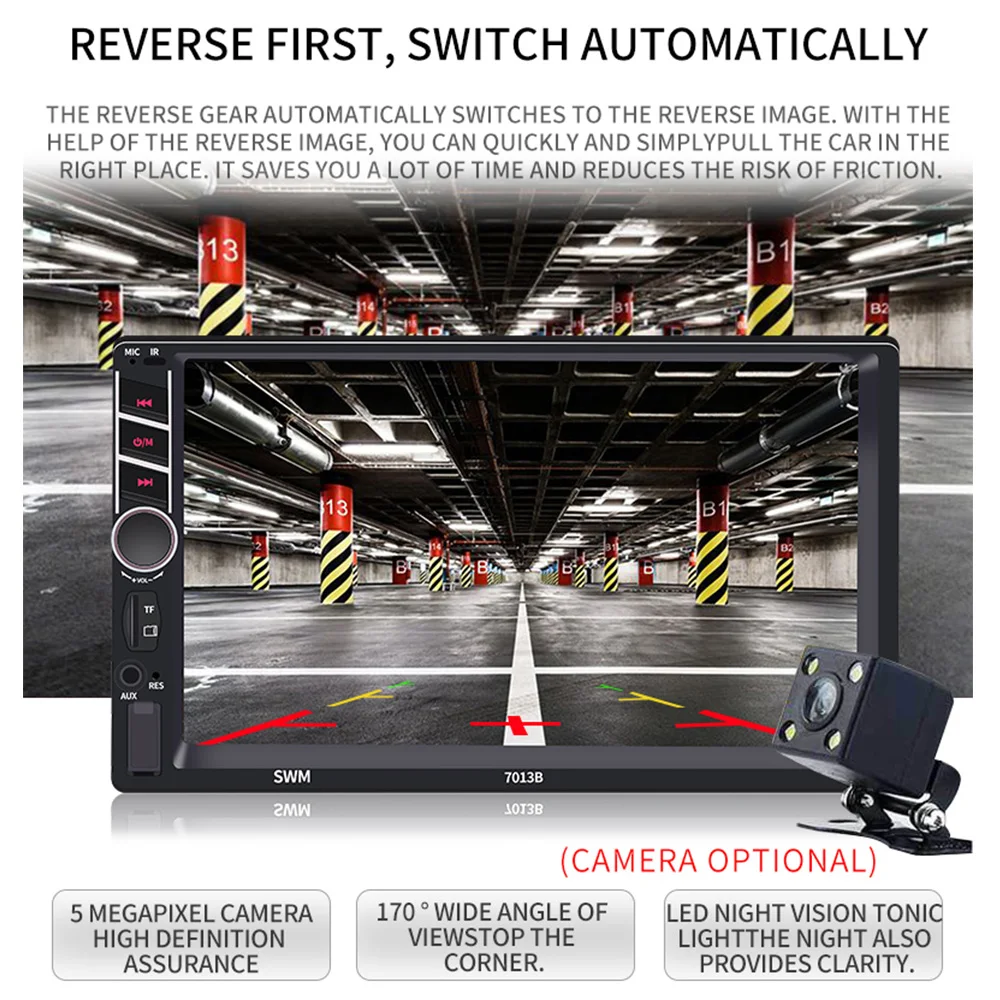 Car MP5 Player Radio Station 1 Din Audio Stereo USB AUX TF Card FM Bluetooth With Rear View Camera Remote Control Player