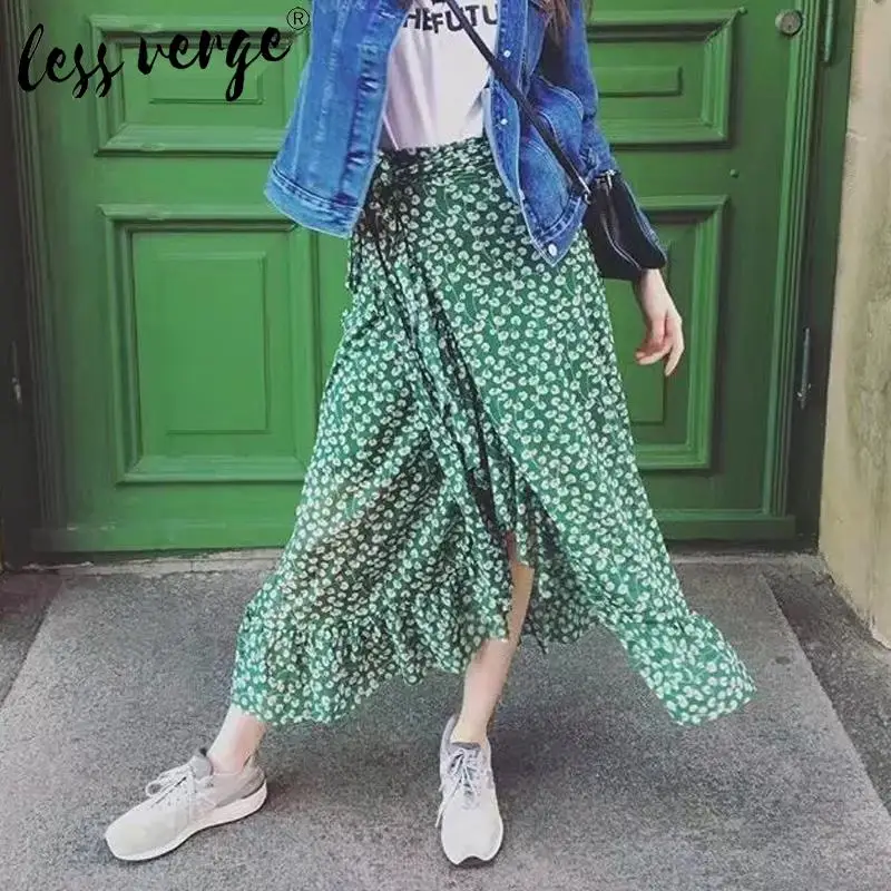 Летняя зеленая шифоновая юбка с запахом и цветочным принтом женская элегантная