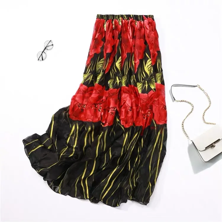 Женская Шелковая макси юбка двухслойная плиссированная Длинная пляжная юбка для лета JN010 - Цвет: 1
