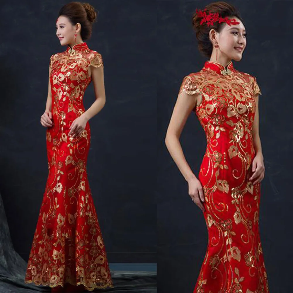 Женское свадебное банкетное красное платье макси в китайском стиле с блестками