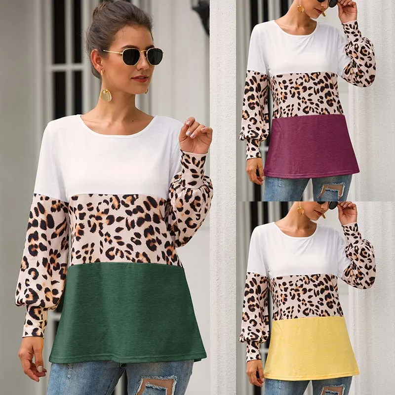 Леопардовые Blusas Mujer De Moda Женские топы с длинными рукавами в стиле пэчворк с круглым вырезом Женские топы и рубашки Blusa Feminina