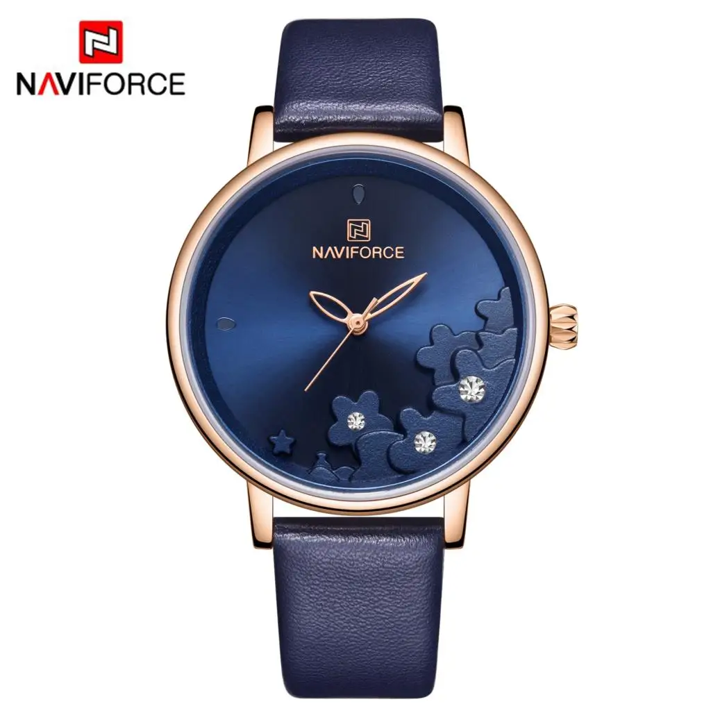 Синий NAVIFORCE, женские часы, модные, стильные, синие, кварцевые, женские, кожаный ремешок для часов, повседневные, водонепроницаемые, наручные часы, подарок для девочки, новинка - Цвет: Синий