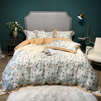 

100% bamboo fiber bedding set European American style satin silk feeling floral soft bedlinen duvet cover king queen size