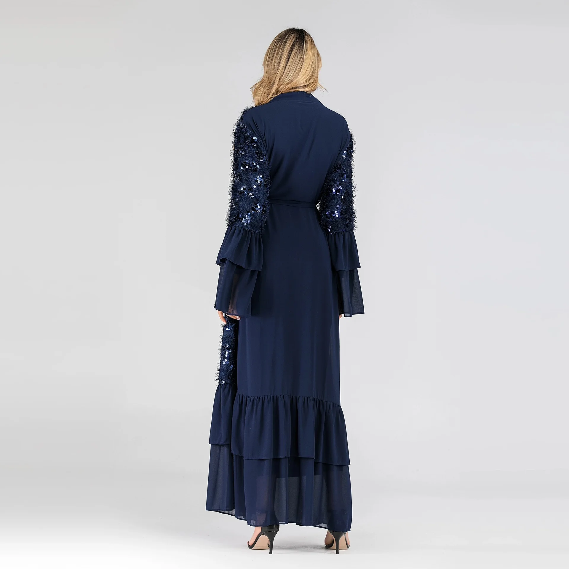Fashion Women Muslim Abaya Dress Cardigan Flare Sleeve Plus Size Muslim Abaya Dress Caftan Marocain tesettur elbise Sequins
