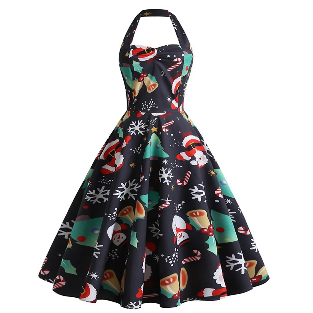 

Women Winter Christmas Dresses 50S 60S Vintage Robe Swing Elegant Party Dress Long Sleeve Casual Plus Size Print Black Dresses