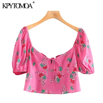 

KPYTOMOA Women 2020 Fashion Floral Print Cropped Blouses Vintage Tied V Neck Puff Sleeve Female Shirts Blusas Mujer Chic Tops