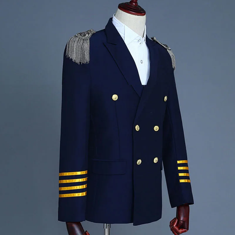 Темно-синий костюм капитана моряка Peacoat, Мужской Блейзер, военный костюм с бахромой, походная куртка, униформа для взрослых, пальто+ штаны