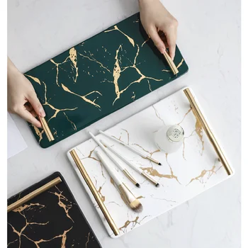 

Luxury Ceramic Marble Storage Tray Modern Household Rectangular Ceramic Teacup Food Jewelry Cosmetics Storage Tray Dessert Table