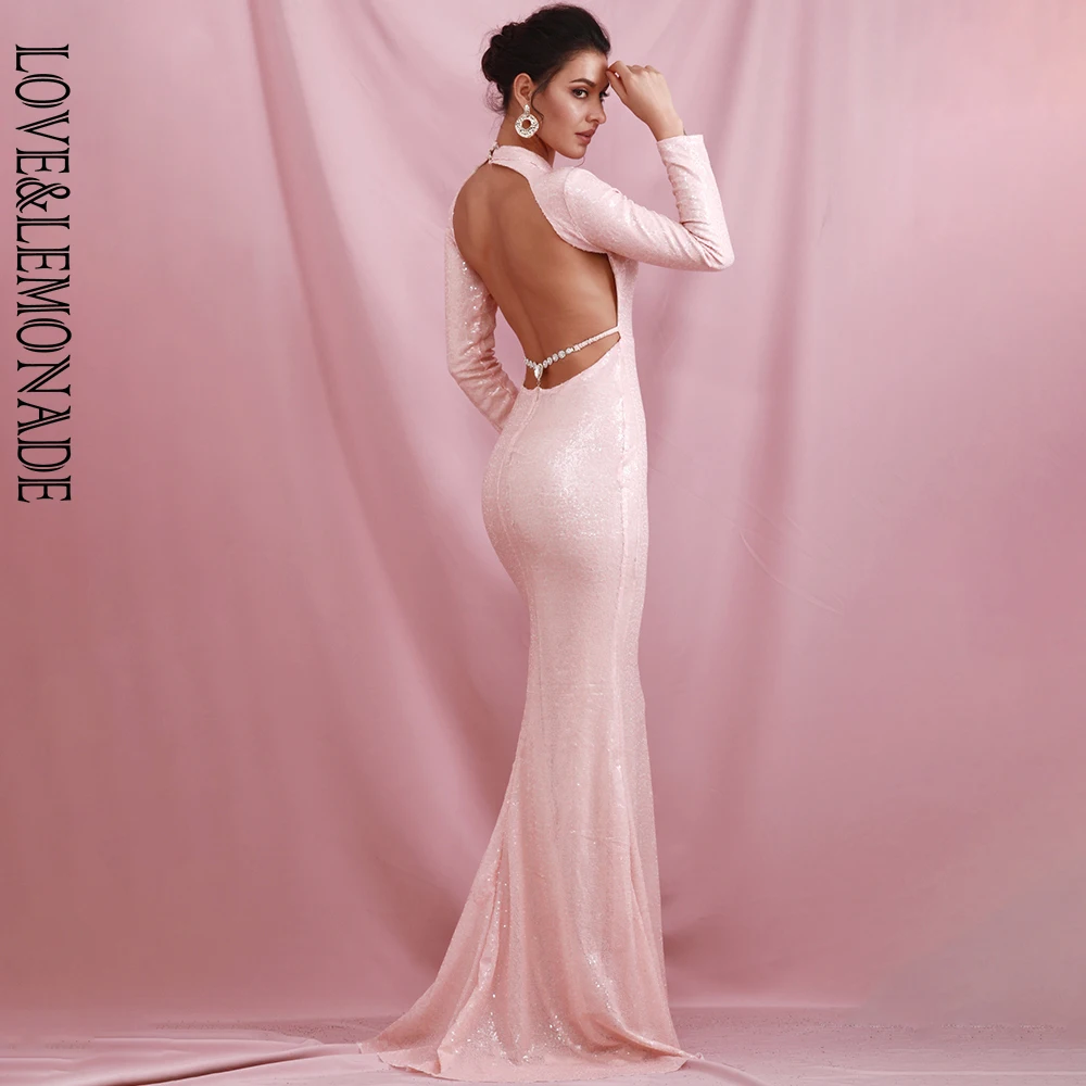 LIEFDE & LIMONADE Sexy Roze Hoge Hals Open Back Rhinestone Decoratie Bodycon Pailletten Lange Mouwen Maxi Jurk LM82057 LIEFDE & LIMONADE Sexy Roze Hoge Hals Open Back Rhinestone Decoratie Bodycon Pailletten Lange Mouwen Maxi Jurk LM82057