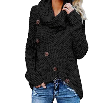 

Long Sleeve Casual Women Sweater Solid High Collar Loose Daily Hip Party Warm Shopping Dating Button Autumn Winter