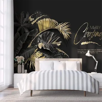 

Milofi custom 3D wallpaper mural Nordic simple light luxury black gold leaf bedroom TV background wall decoration painting