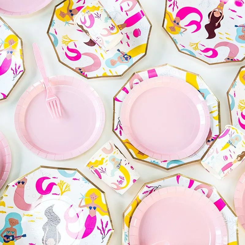 Бумажная тарелка в виде русалки, Мультяшные животные, тематическая одноразовая посуда, украшение на день рождения для детей и взрослых, вечерние Русалочки