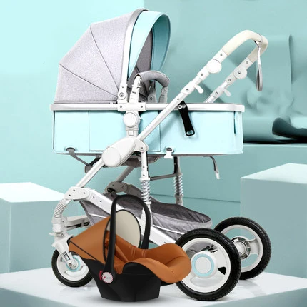 gray blue Belecoo high landscape Baby Pram 3 in 1 baby stroller two-way Carriage folding light four-wheel shock absorber baby trolly - Цвет: gray blue