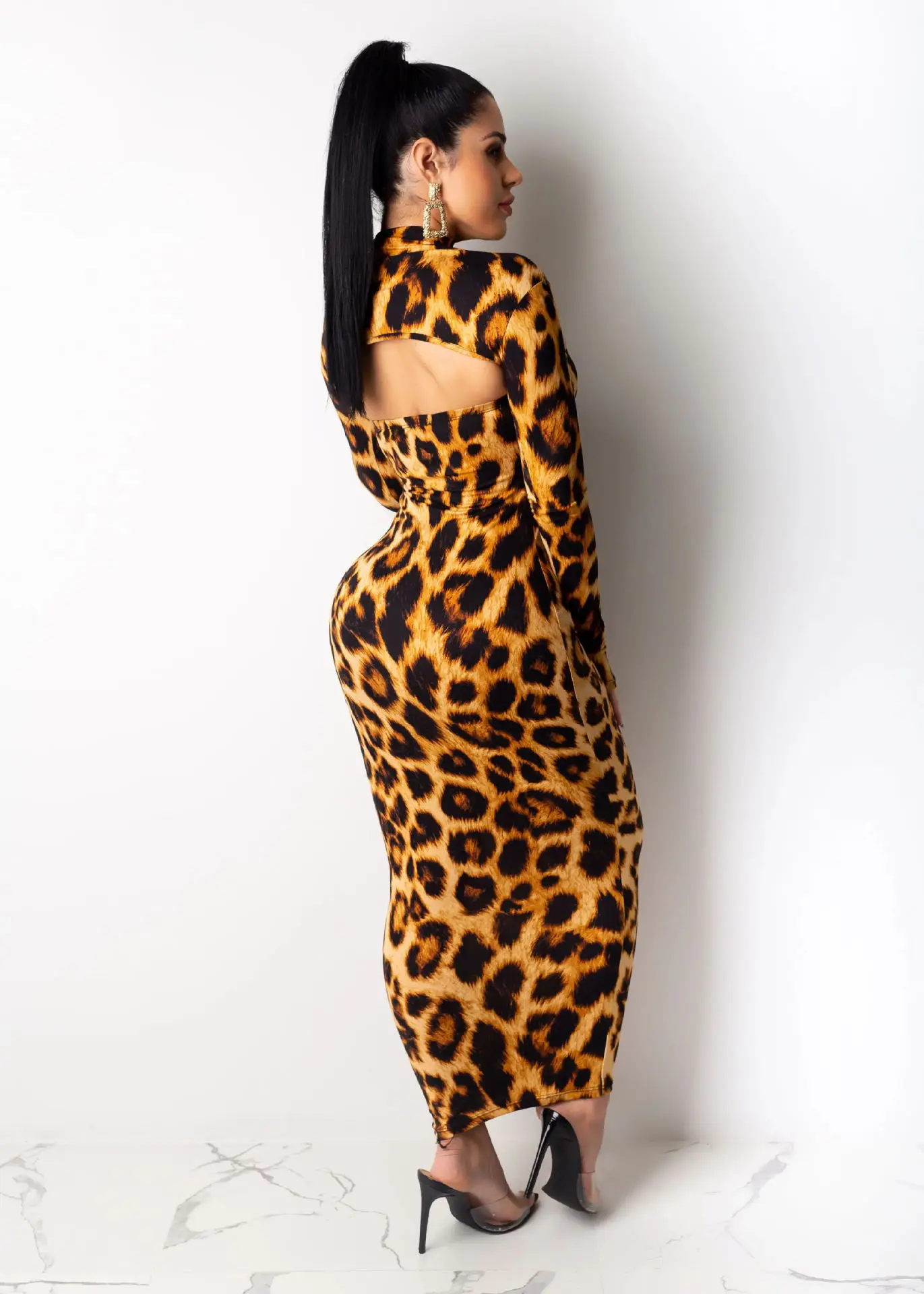 Женский комплект, длинное платье с леопардовым принтом+ короткое укороченное платье с длинным рукавом, съемное облегающее платье, комплект, Открытое платье размера плюс 2 XL