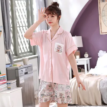 

Print Cartoon Nightwear Pajamas Set 2020 Summer New Lady 2PCS Shirt&Shorts Satin Cute Sleepwear Pyjamas Casual Homewear Bathrobe