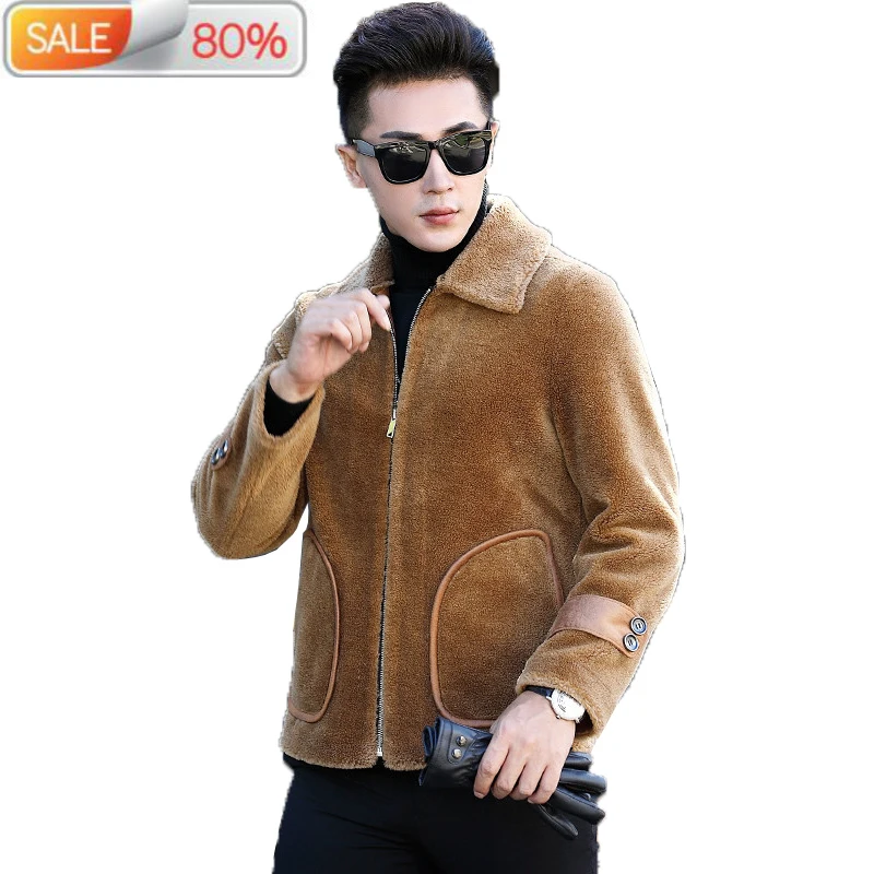 

2020 New Short Real Fur Autumn Winter Sheep Shearling Wool Coat Leather Jacket Warm Brown Mens L1A-3702 B21305