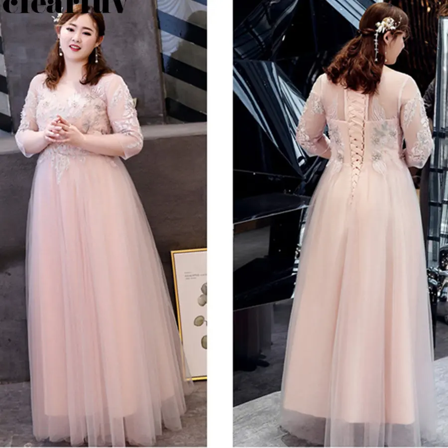 

Evening Gown Half-sleeve Floor Length Robe De Soiree 2019 Hot Plus Size O-neck Evening Dress Pink Pearl Women Party Dresses T115