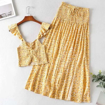 

Rowling Two Piece Set Women Yellow Summer Two Piece Outfits For Women Ruffle Top Long Skirt Women Two Piece Outfits Beach 2020