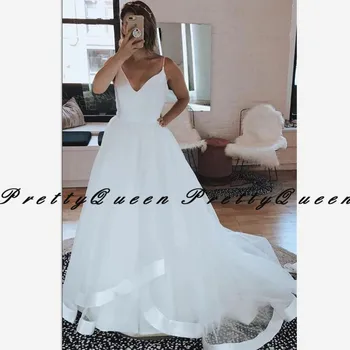 

Cheap Wedding Dress Long Sweep Train 2020 White Tulle A Line Spaghetti Sweetheart Neck Vestido De Noiva
