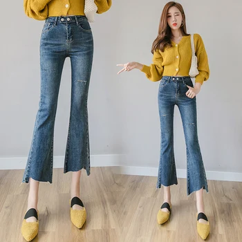 

clipping design feeling restoring ancient ways ankle burrs holes cowboy flares female show thin bootleg pants nine m