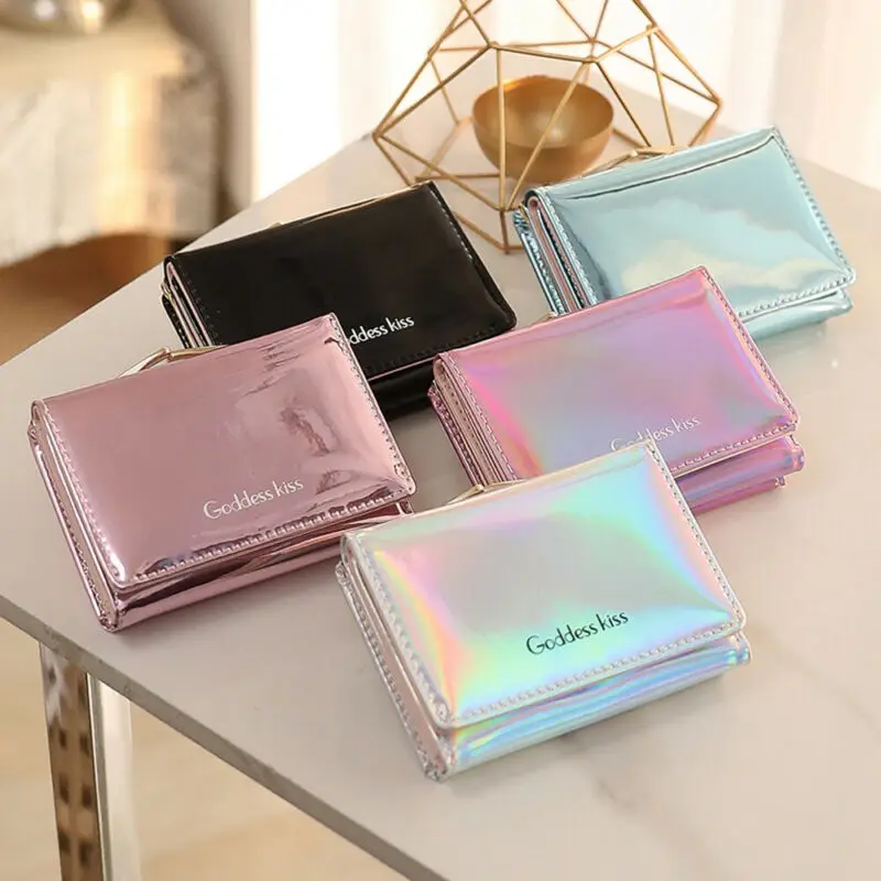 Cartera holográfica láser para mujer, monedero corto de Pu, de gran capacidad, con cremallera, para - AliExpress Maletas y bolsas