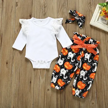 

Spring Baby Set 0-24M Girl Adorable Halloween Long Flare Sleeve Print Romper Tops Pumpkin Trousers Headband Outfits Clothes