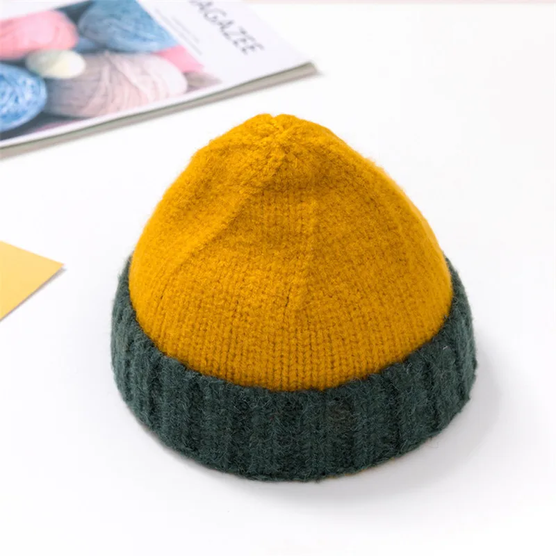 yellow dark green BalleenShiny/Милая вязаная детская шляпа в стиле пэтчворк, шерстяная теплая шапка, модная детская Шапка-бини для девочек, зимние и осенние аксессуары - Цвет: yellow dark green